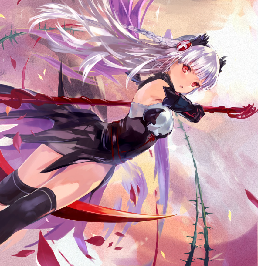 1girl armor armored_dress bare_shoulders black_legwear black_valkyrie_(p&amp;d) braid dress feathered_wings fur_trim gauntlets hair_ornament highres holding long_hair nove_(legge) open_mouth over-kneehighs petals puzzle_&amp;_dragons red_eyes scythe solo thigh-highs thorns twin_braids valkyrie valkyrie_(p&amp;d) vines white_hair wings