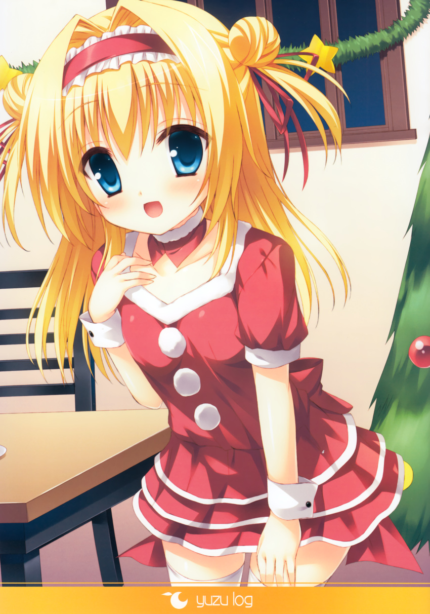 1girl :d absurdres ani_(artist) blonde_hair blue_eyes chitose_sana christmas christmas_ornaments christmas_tree double_bun hair_intakes hand_on_own_chest headband highres huge_filesize open_mouth smile table tenshinranman thigh-highs white_legwear window wrist_cuffs zettai_ryouiki