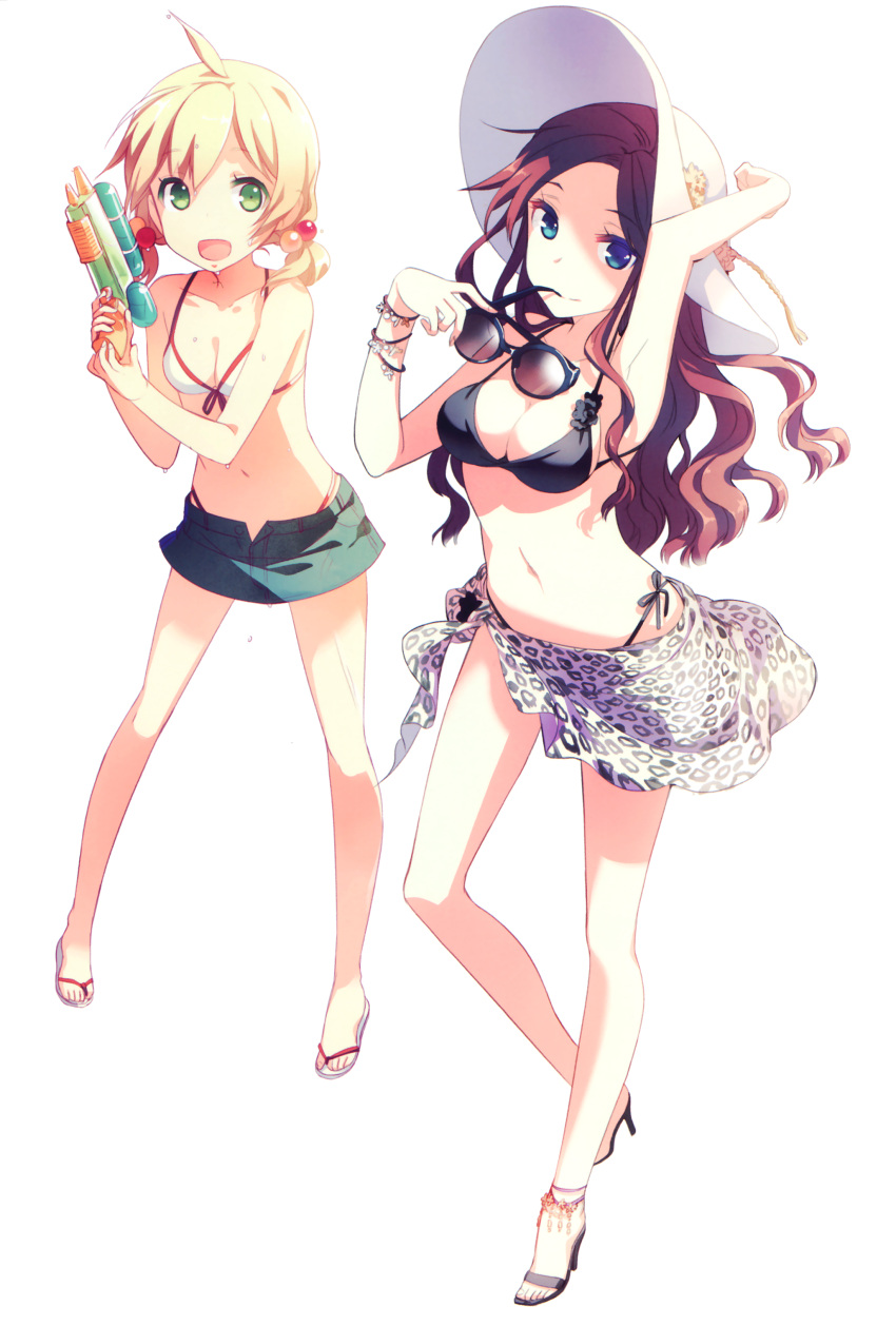 2girls :d absurdres arm_up armpits bare_legs bikini bikini_top black_bikini blonde_hair blue_eyes breasts brown_hair cleavage front-tie_top full_body green_eyes h2so4 hair_bobbles hair_ornament hat high_heels highres leopard_print long_hair looking_at_viewer miniskirt multiple_girls no_socks open_fly open_mouth sandals sarong scan short_twintails side-tie_bikini simple_background skirt smile string_bikini sun_hat sunglasses_removed swimsuit twintails unzipped water_gun wet white_background wristband