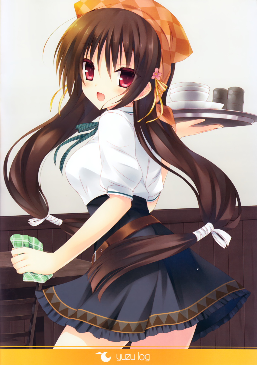 1girl :d absurdres ani_(artist) artist_request brown_hair cowboy_shot highres huge_filesize low_twintails open_mouth red_eyes shirt skirt smile table tenshinranman tray twintails unohana_no_sakuyahime waitress