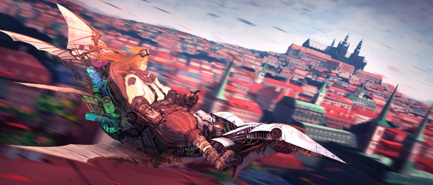 1girl blonde_hair blue_eyes bubble city cityscape clouds cloudy_sky controller fantasy flying gloves goggles goggles_on_head hair_ribbon highres joystick jumpei99 long_hair motion_blur original profile puffy_pants ribbon scenery sky smile solo wind