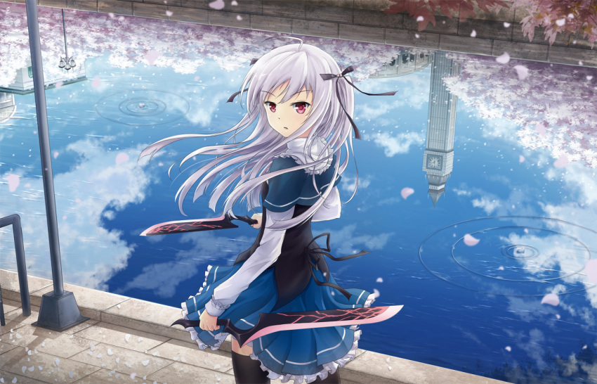 1girl absolute_duo asakurashinji dual_wielding long_hair petals red_eyes reflection river silver_hair solo sword two_side_up weapon yurie_sigtuna