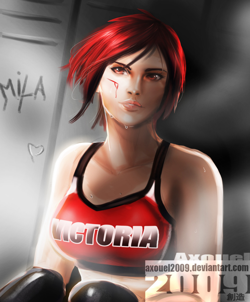1girl absurdres axouel2009 black_hair boxing_gloves breasts character_name dead_or_alive dead_or_alive_5 eyelashes highres lips mila_(doa) multicolored_hair nose red_eyes redhead short_hair solo sports_bra sweat watermark web_address