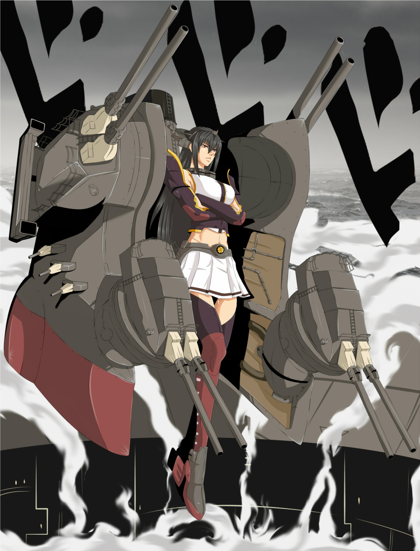 1girl absurdres bare_shoulders black_gloves black_hair breasts cannon crossed_arms elbow_gloves gloves hair_ornament hairband headgear highres kantai_collection long_hair nagato_(kantai_collection) navel oversized_object red_eyes skirt smoke thigh-highs turret versapro weapon