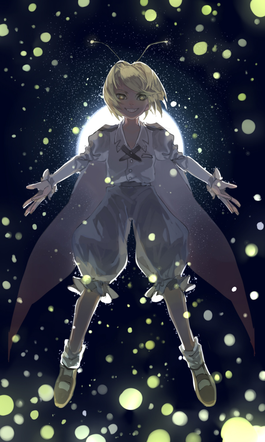 1girl antennae backlighting baggy_pants blouse blue_pants cape dress_shirt fangs floating full_body full_moon green_eyes green_hair grin highres insect_girl juliet_sleeves long_sleeves moon moonlight night outstretched_arms pants puffy_sleeves shirt short_hair smile socks solo tian_(my_dear) touhou white_legwear wriggle_nightbug