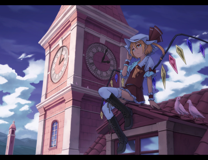 1girl anime_coloring ascot bird blonde_hair blue_sky boots clock clock_tower clouds cross-laced_footwear flandre_scarlet garter_straps hat hat_removed headwear_removed kurione_(zassou) mob_cap pigeon puffy_short_sleeves puffy_sleeves red_eyes rooftop scarlet_devil_mansion shirt short_sleeves side_ponytail skirt skirt_set sky solo thigh-highs tile_roof touhou tower vest white_legwear wings wrist_cuffs zettai_ryouiki