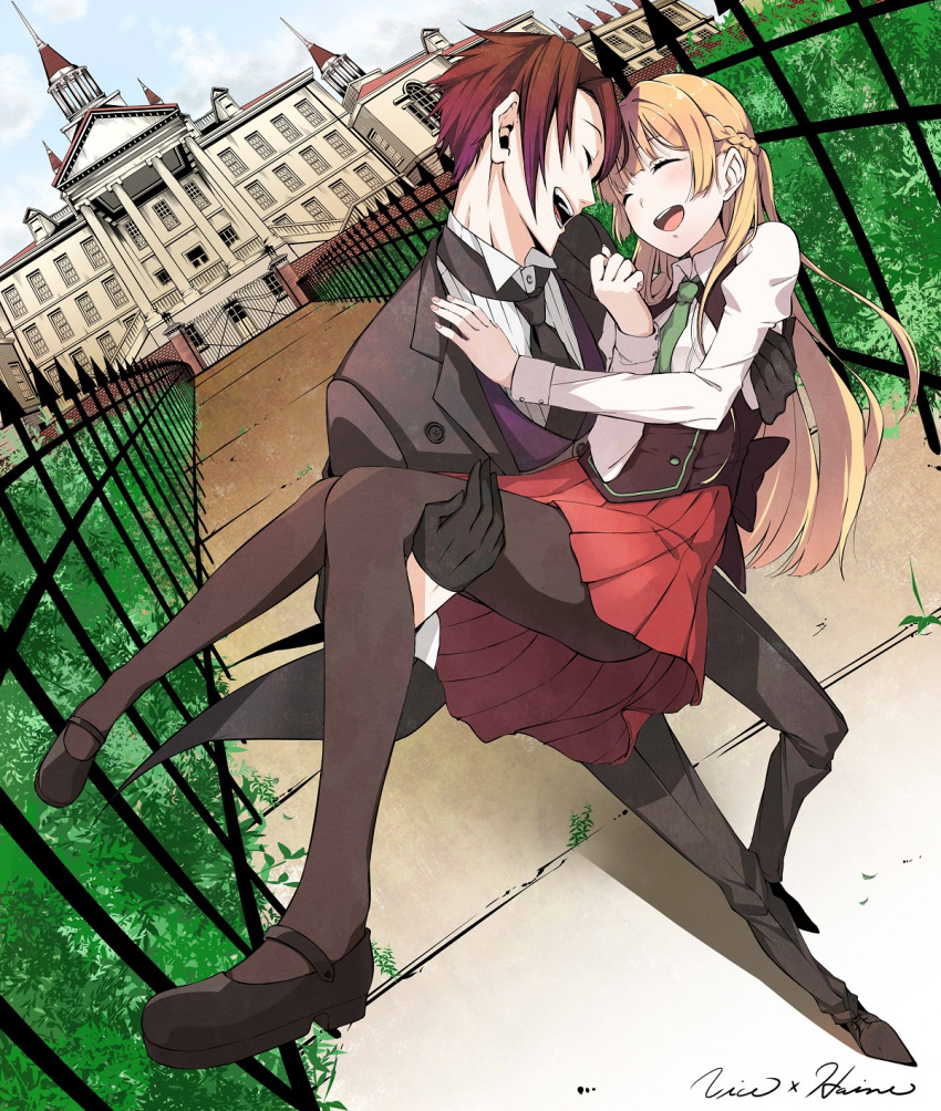 1boy 1girl blonde_hair blush brown_hair carrying character_request closed_eyes copyright_request fence formal garden gate happy highres house long_hair mansion mouth necktie open_mouth pantyhose parted_lips princess_carry ribbon school_uniform short_hair skirt smile suit suit_jacket tongue vice_(kuronekohadokoheiku)
