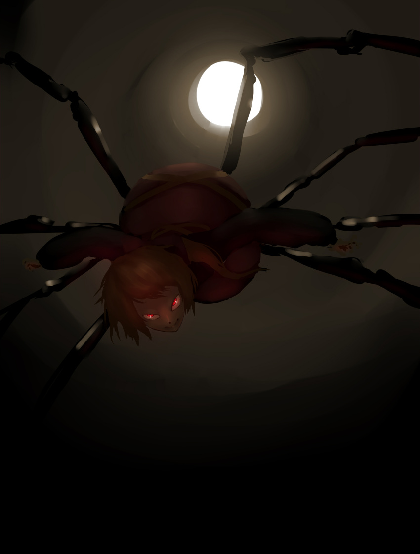 1girl absurdres blonde_hair bow cave dark dress evil_smile glowing glowing_eyes hair_bow highres insect_girl kurodani_yamame long_sleeves looking_at_viewer monster_girl mr_primavera multiple_legs ponytail red_eyes short_hair smile solo spider_girl spider_legs sunlight touhou
