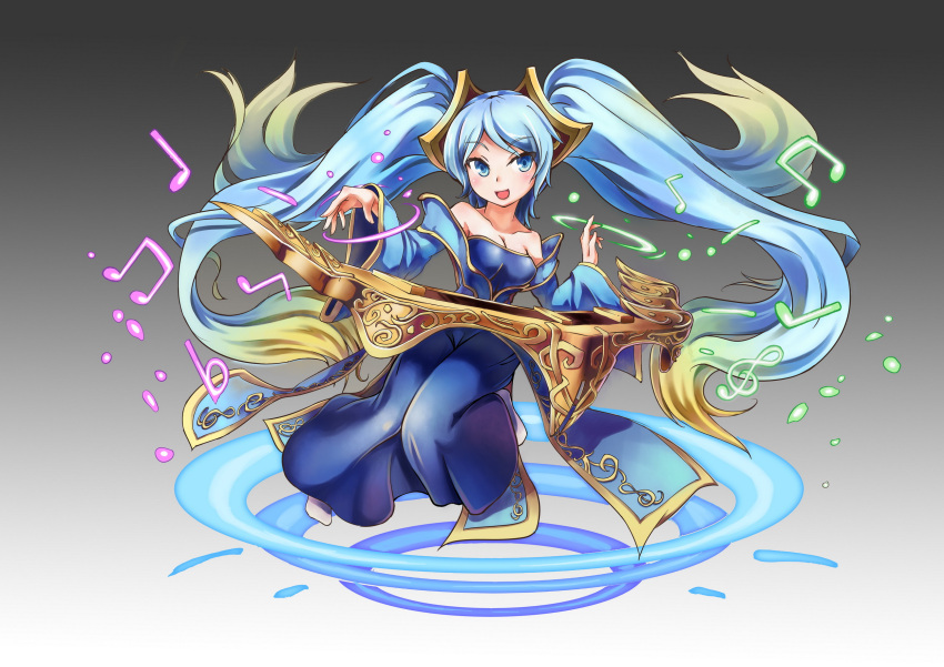 1girl :d bare_shoulders blue_eyes blue_hair breasts cleavage highres league_of_legends long_hair looking_at_viewer open_mouth smile solo sona_buvelle tamashii_yuu twintails