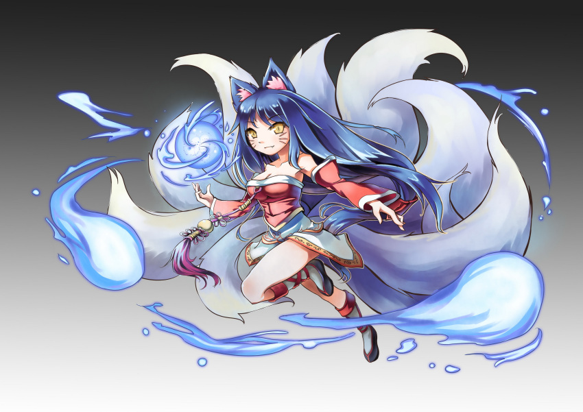 1girl ahri animal_ears bare_shoulders blue_hair breasts cleavage detached_sleeves fox_ears fox_tail highres league_of_legends long_hair looking_at_viewer multiple_tails smile solo tail tamashii_yuu whiskers yellow_eyes