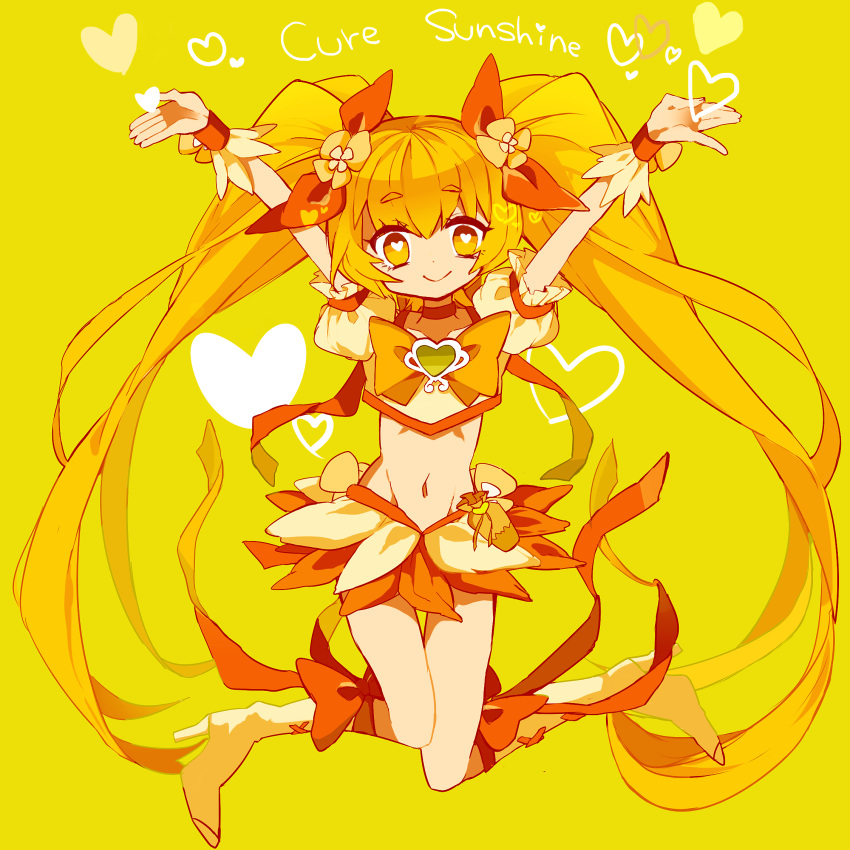 1girl blonde_hair boots cure_sunshine hair_ribbon heart heart-shaped_pupils heartcatch_precure! highres knee_boots long_hair magical_girl midriff myoudouin_itsuki navel orange_skirt precure ribbon skirt smile solo symbol-shaped_pupils text twintails very_long_hair wrist_cuffs yellow_background yellow_eyes yuucho_(cololal)