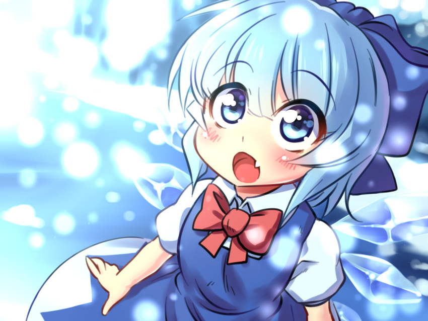 1girl blue_dress blue_eyes blue_hair bow cirno dress fang hair_bow highres ice ice_wings open_mouth puffy_short_sleeves puffy_sleeves shirt short_sleeves smile solo touhou volcano_(artist) wings
