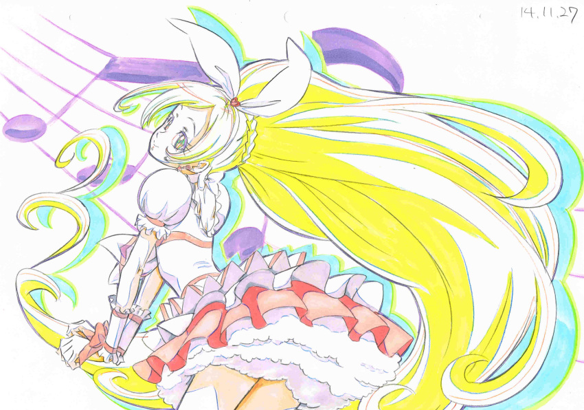 1girl bow choker color_trace cure_rhythm frills heart highres jewelry long_hair looking_at_viewer looking_back magical_girl minamino_kanade musical_note partially_colored precure puffy_sleeves ribbon sketch skirt smile solo suite_precure traditional_media