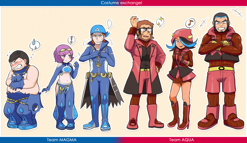 2girls 4boys aogiri_(pokemon) aogiri_(pokemon)_(remake) blush cosplay costume_switch grin height_difference homura_(pokemon) homura_(pokemon)_(remake) izumi_(pokemon) izumi_(pokemon)_(remake) kagari_(pokemon) kagari_(pokemon)_(remake) matsubusa_(pokemon) matsubusa_(pokemon)_(remake) multiple_boys multiple_girls musical_note pokemon pokemon_(game) pokemon_oras smile spoken_musical_note spoken_sparkle spoken_sweatdrop sweatdrop team_aqua team_magma toraneko_(38) uniform ushio_(pokemon) ushio_(pokemon)_(remake)