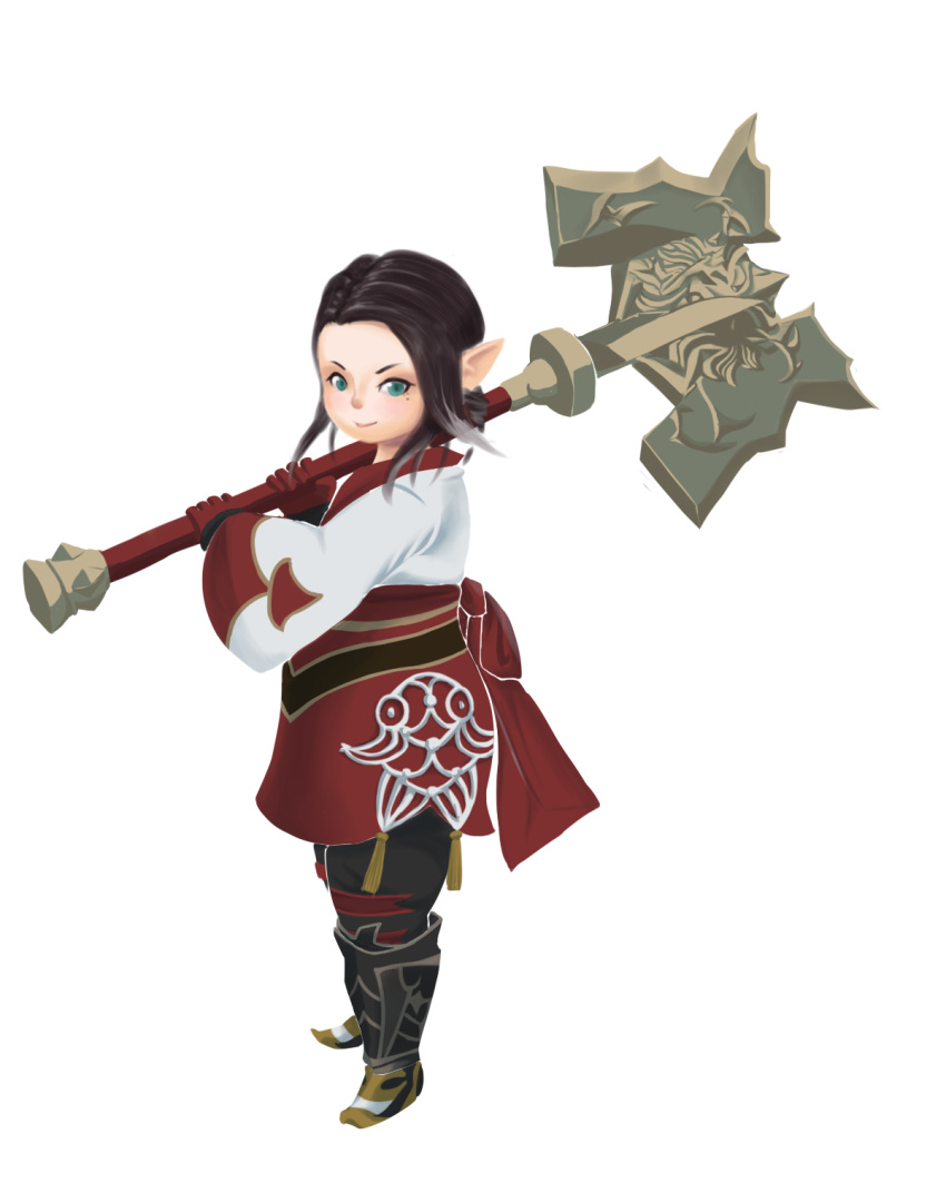 1girl battle_axe boots brown_hair facing_away final_fantasy final_fantasy_xiv gloves green_eyes highlights highres lalafell long_sleeves looking_at_viewer multicolored_hair nose original pants pointy_ears red_gloves red_handwear simple_background smile solo white_background wide_sleeves zhlink