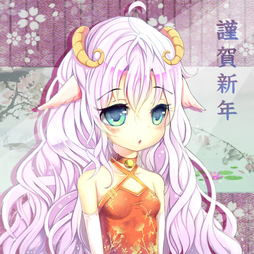 1girl absurdres blue_eyes china_dress chinese_clothes collar elbow_gloves gloves highres horns long_hair ming_(3952862) original purple_hair solo