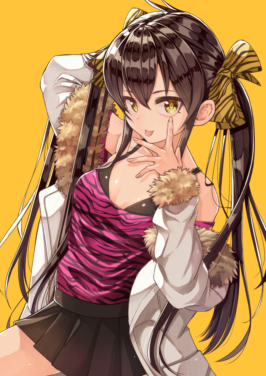 1girl :p animal_print arm_up bangs bare_shoulders black_skirt blush bow brown_bow brown_eyes brown_hair closed_mouth commentary_request eyebrows_visible_through_hair fingernails fur-trimmed_jacket fur-trimmed_sleeves fur_trim hair_between_eyes hair_bow highres idolmaster idolmaster_cinderella_girls jacket long_hair long_sleeves looking_at_viewer matoba_risa migimaki_(migi_mawashi) off-shoulder_shirt off_shoulder open_clothes open_jacket pleated_skirt print_bow print_shirt shirt simple_background skirt smile solo tiger_print tongue tongue_out twintails very_long_hair white_jacket yellow_background