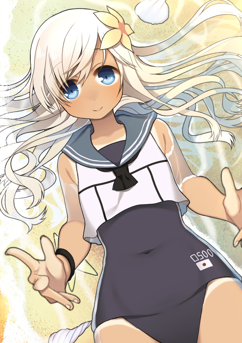 1girl absurdres alara beach blonde_hair blue_eyes bracelet clothes_writing covered_navel crop_top flower hair_flower hair_ornament highres japanese_flag jewelry kantai_collection long_hair looking_at_viewer lying on_back one-piece_tan partially_submerged platinum_blonde ro-500_(kantai_collection) sand school_swimsuit school_uniform seashell serafuku shell smile solo swimsuit tan tanline u-511_(kantai_collection) water