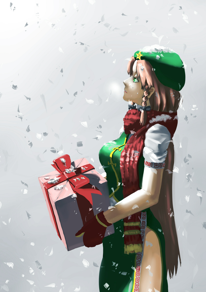 1girl absurdres box braid breath china_dress chinese_clothes christmas dress ears expressionless gift gift_box gloves green_dress green_eyes hat highres hong_meiling long_hair looking_up mr_primavera realistic redhead scarf short_sleeves snow snowing solo star touhou very_long_hair