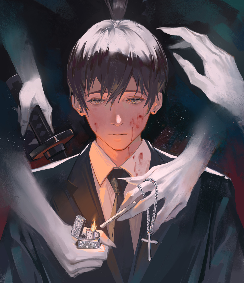 1boy 1girl absurdres black_necktie blood blood_on_clothes blood_on_face chainsaw_man chinese_commentary cigarette collared_shirt commentary cross cross_necklace disembodied_hand dress_shirt expressionless fingernails fire ghost_devil_(chainsaw_man) gradient_background grey_eyes hair_between_eyes hayakawa_aki highres holding holding_cigarette holding_jewelry holding_lighter holding_necklace holding_sword holding_weapon jacket jewelry katana lapels light_particles lighter lighting_cigarette male_focus necklace necktie notched_lapels sharp_fingernails shirt short_hair silver_necklace solo_focus suit suit_jacket sword topknot unworn_jewelry unworn_necklace upper_body weapon weapon_on_back white_shirt xinghen_az zippo_lighter