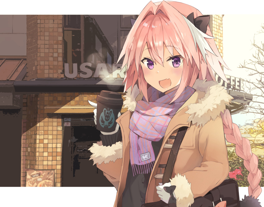 1boy astolfo_(fate) bag black_bow black_ribbon black_shirt bow braid brand_name_imitation brown_coat coat coffee coffee_cup commentary cropped cup disposable_cup fang fate/apocrypha fate_(series) fur_coat gloves hair_intakes hair_ribbon highres kusumoto_touka long_braid long_sleeves looking_at_viewer male_focus multicolored_hair open_mouth pink_hair ribbon scarf shirt single_braid smile solo streaked_hair trap violet_eyes white_gloves