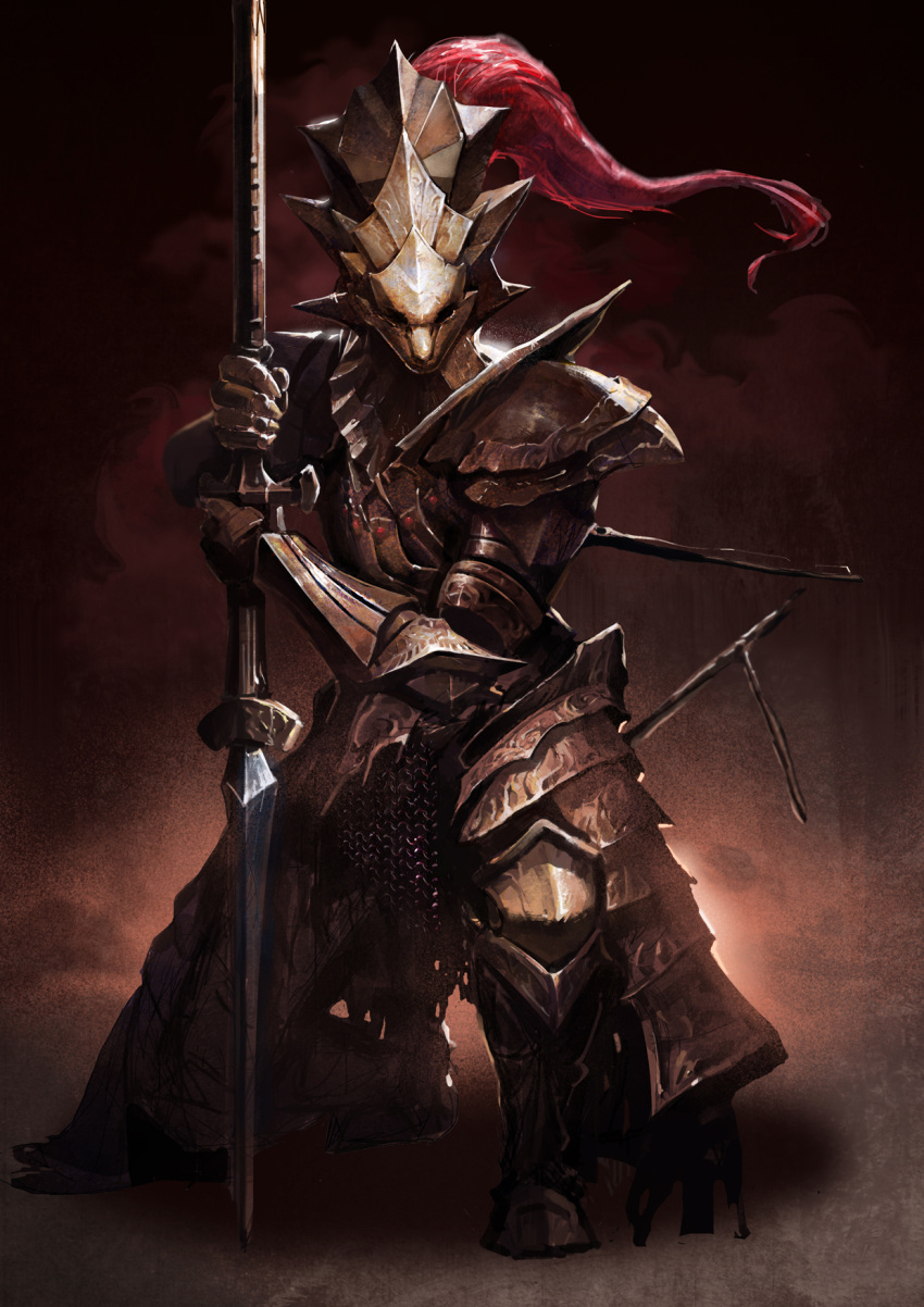 1boy armor artist_request chainmail dark_souls dragon_slayer_ornstein full_armor helmet highres kneeling knight plate_armor polearm solo souls_(from_software) spear weapon