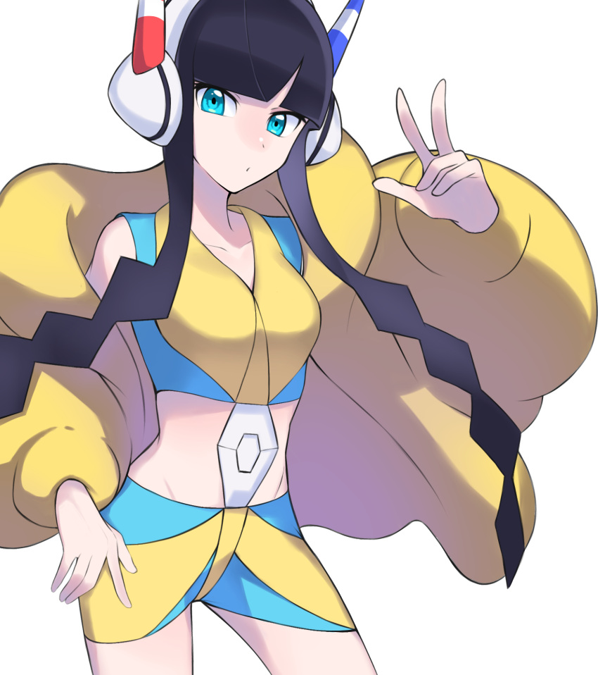 1girl aqua_eyes bangs bike_shorts black_hair blunt_bangs closed_mouth collarbone commentary_request cropped_shirt elesa_(pokemon) eyelashes fur_jacket hand_on_hip hand_up headphones highres jacket looking_at_viewer open_clothes open_jacket pokemon pokemon_(game) pokemon_bw2 shirt short_hair_with_long_locks sidelocks sleeveless sleeveless_shirt solo tyako_089 w yellow_jacket