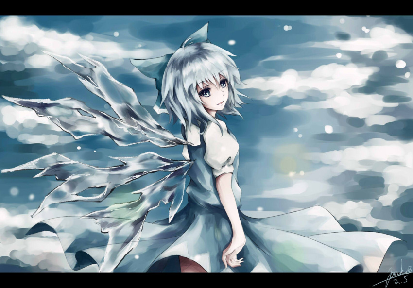 1girl :d blue_eyes blue_hair bow cirno dress hair_bow ice ice_wings looking_at_viewer nangua_mache open_mouth short_hair signature smile touhou wings