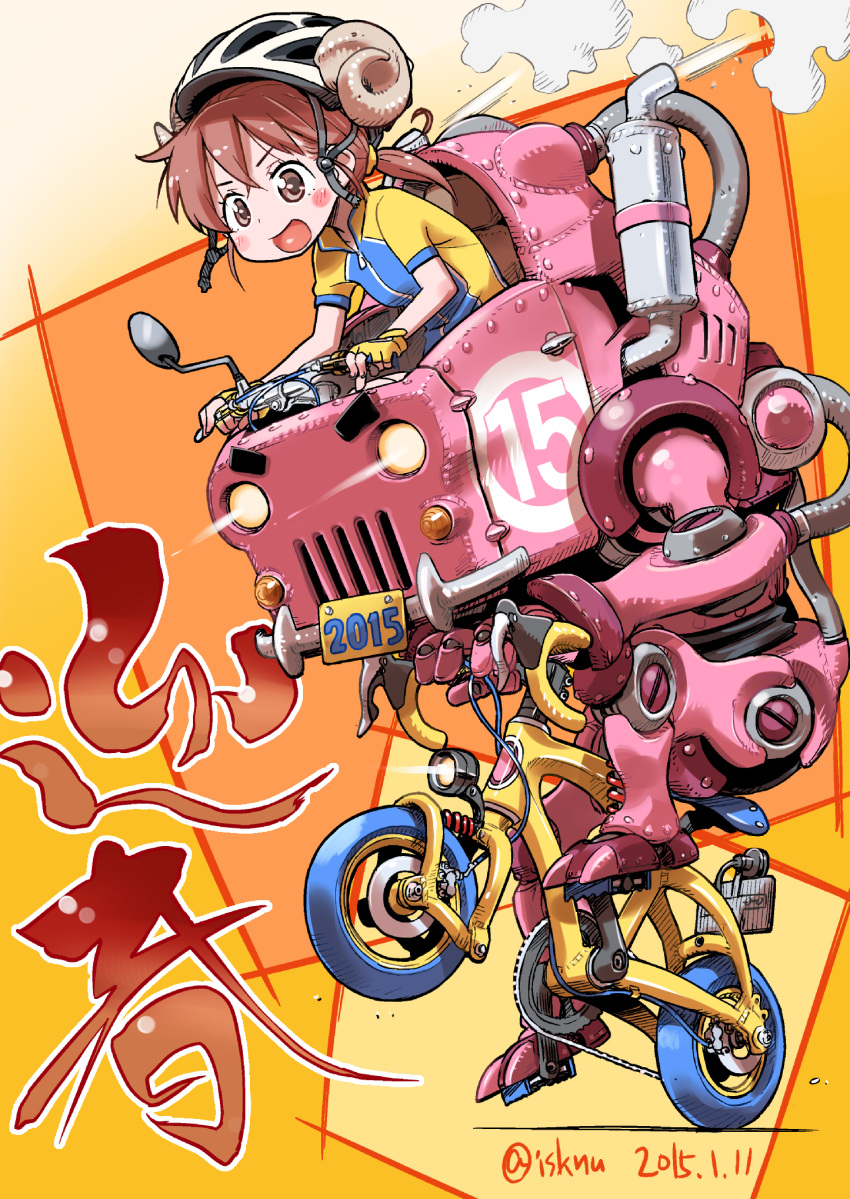 1girl bicycle bicycle_helmet bike_jersey blush brown_eyes brown_hair fingerless_gloves gloves helmet highres horns isedaichi_ken mecha nengajou open_mouth original ponytail smile solo steam