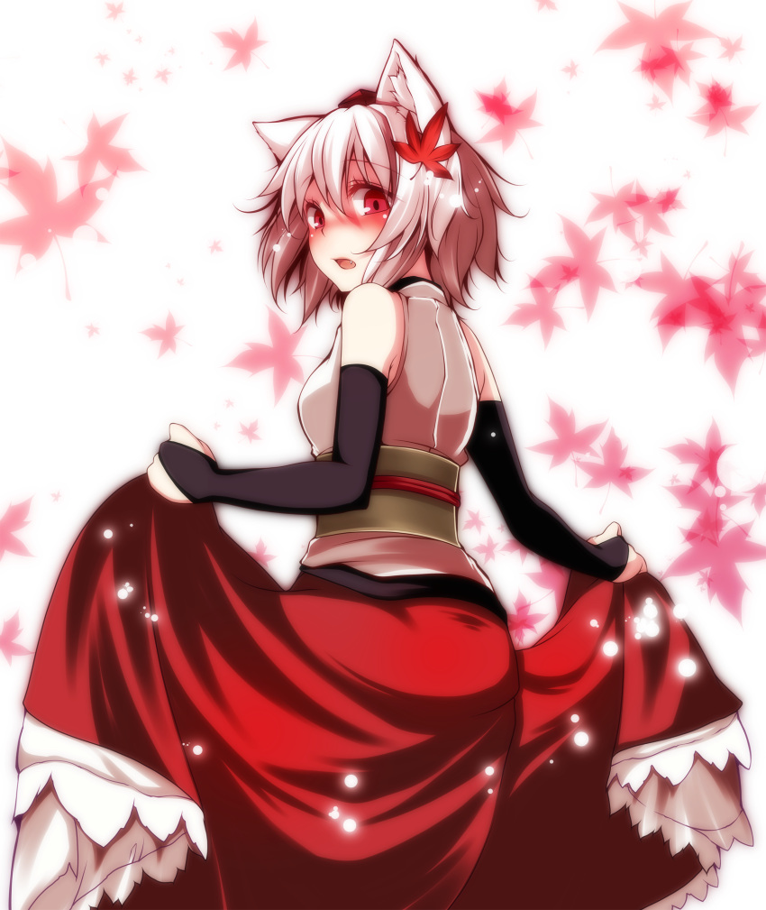 1girl animal_ears blush bridal_gauntlets cowboy_shot elbow_gloves fang gloves hat highres inubashiri_momiji leaf leaf_background leaf_on_head looking_at_viewer looking_back open_mouth red_eyes red_skirt s-syogo shirt short_hair silver_hair skirt sleeveless sleeveless_shirt solo tokin_hat touhou white_shirt wolf_ears