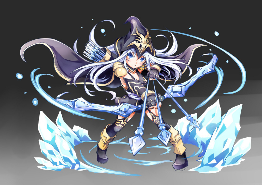 1girl arrow ashe_(league_of_legends) blue_eyes bow_(weapon) chibi fighting_stance fingerless_gloves gloves hat highres holding league_of_legends long_hair looking_at_viewer solo tamashii_yuu weapon white_hair