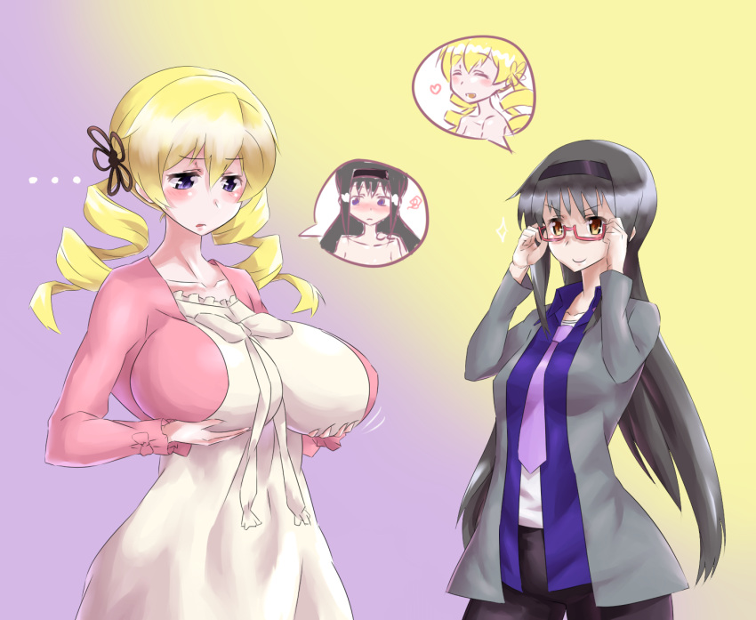 ... 2girls akemi_homura alternate_breast_size bespectacled black_hair blonde_hair blush breast_envy breast_hold breasts drill_hair evuoaniramu glasses hair_ornament hairband hairpin highres huge_breasts long_hair mahou_shoujo_madoka_magica multiple_girls open_mouth personality_switch short_hair smile tomoe_mami twin_drills twintails violet_eyes yellow_eyes