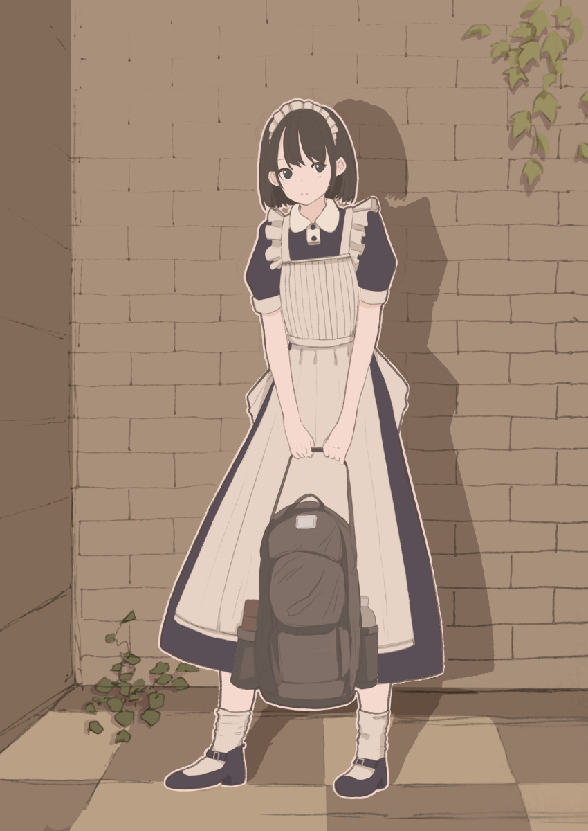 1girl absurdres apron backpack backpack_removed bag black_hair bob_cut commentary hennekobakatesu highres holding maid maid_apron maid_headdress mary_janes original shadow shoes short_hair solo wall