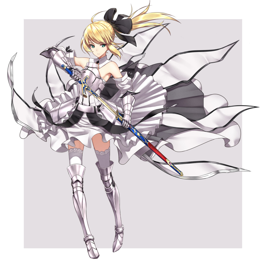 1girl ahoge armor armored_dress bare_shoulders blonde_hair bow caliburn detached_sleeves dress fame_peera fate/unlimited_codes fate_(series) gauntlets greaves green_eyes hair_bow highres lace lace-trimmed_thighhighs long_hair ponytail saber saber_lily sheath solo sword thigh-highs unsheathing weapon white_legwear