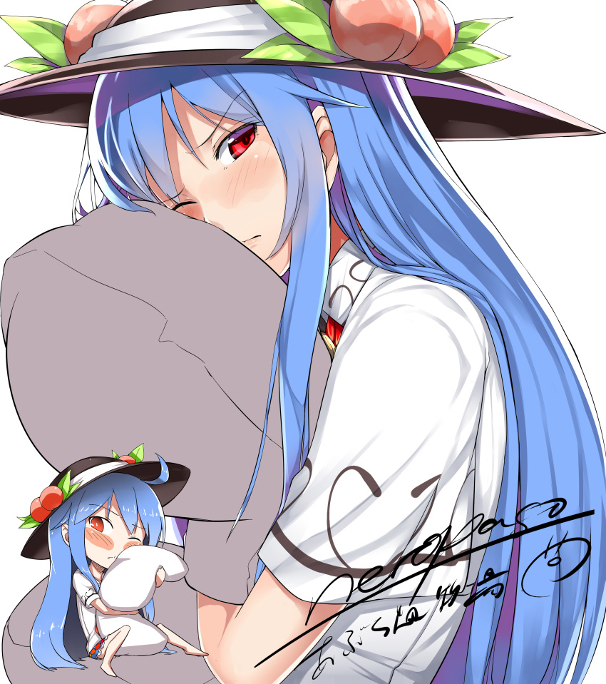 1girl absurdres ahoge artist_name barefoot blue_hair blush bust chibi_inset collared_shirt food food_on_head fruit fruit_on_head hat highres hinanawi_tenshi long_hair looking_at_viewer neropaso object_on_head one_eye_closed peach pillow pillow_hug red_eyes signature simple_background skirt solo touhou very_long_hair white_background