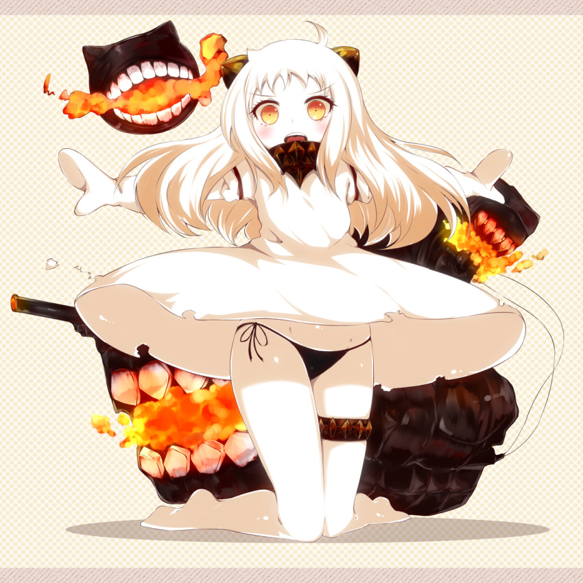 &gt;:o 1girl :o ahoge amatsuki_hotaru dress highres horns kantai_collection kneeling long_hair looking_at_viewer machinery mittens northern_ocean_hime open_mouth orange_eyes outstretched_arms panties shinkaisei-kan side-tie_panties solo spread_arms underwear white_dress white_hair white_skin