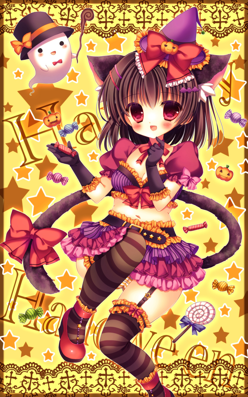 1girl :d absurdres animal_ears bat_hair_ornament black_hair breasts candy cat_ears cat_tail cleavage frilled_skirt frills garter_straps hair_ornament halloween hat highres jack-o'-lantern kouta. lollipop looking_at_viewer navel open_mouth original red_eyes ribbon short_hair skirt smile striped striped_legwear tail tail_ribbon witch_hat