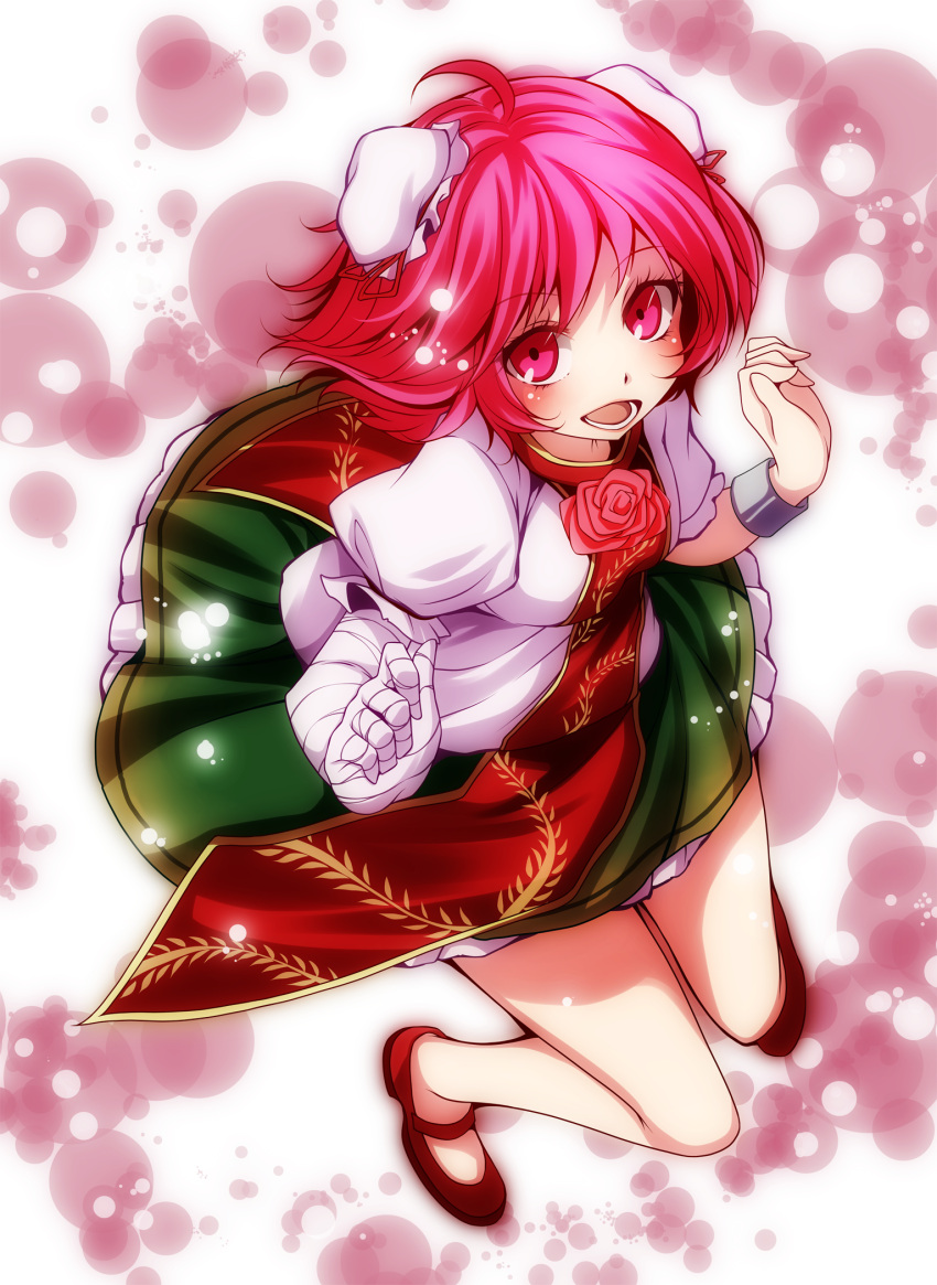 1girl bandages bow bun_cover cuffs double_bun flower hair_bow highres ibaraki_kasen open_mouth pink_eyes pink_hair pink_rose puffy_short_sleeves puffy_sleeves rose s-syogo shackles shirt short_sleeves skirt smile solo tabard touhou