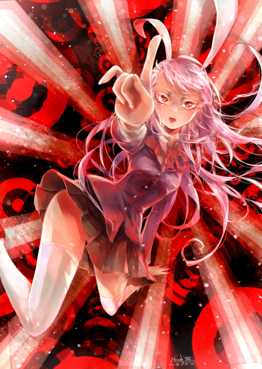 1girl animal_ears artist_name brown_skirt collared_shirt danmaku dated fingernails floating glowing glowing_eyes highres long_hair long_sleeves nail_polish neuf open_mouth pointing purple_hair rabbit_ears red_eyes reisen_udongein_inaba ribbon shoes signature skirt solo thigh-highs thighs tongue touhou white_legwear
