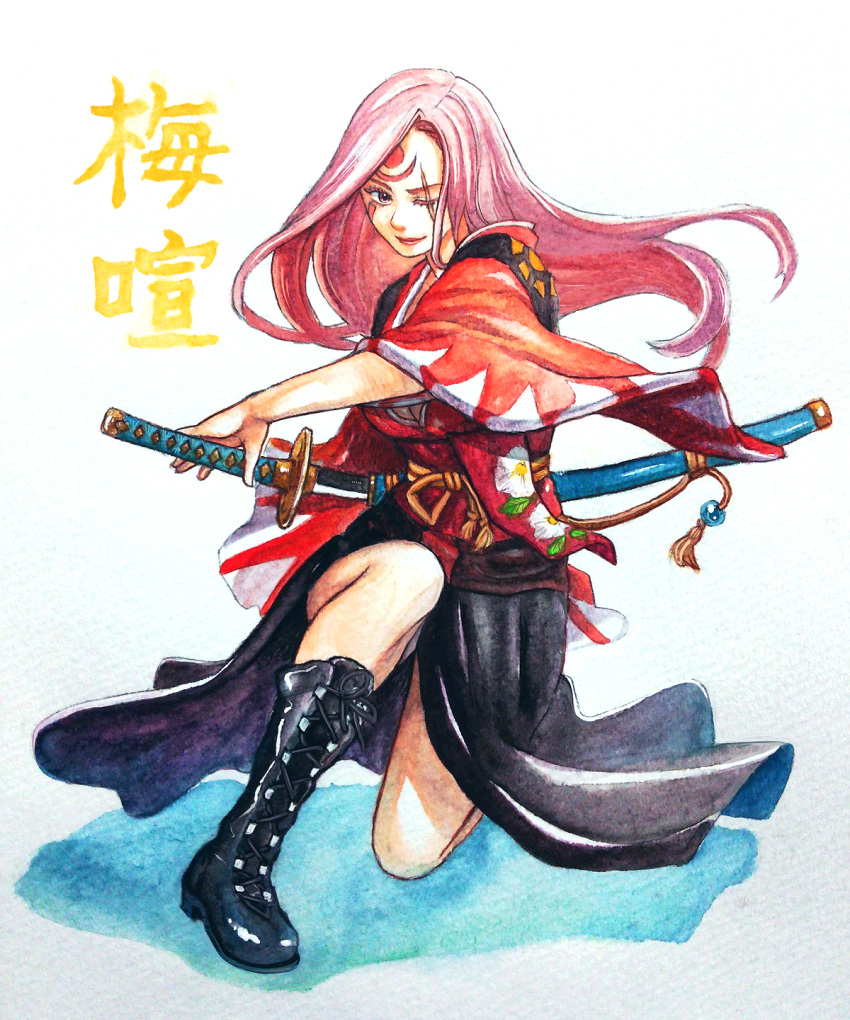 1girl amputee baiken black_boots boots breasts character_name cleavage cross-laced_footwear facial_mark floral_print guilty_gear guilty_gear_xrd highres japanese_clothes katana kimono lace-up_boots lips long_hair obi one-eyed one_eye_closed pink_eyes pink_hair sash scar scar_across_eye sheath smile solo sword traditional_media unsheathing watercolor_(medium) weapon what_if wide_sleeves yhy03113