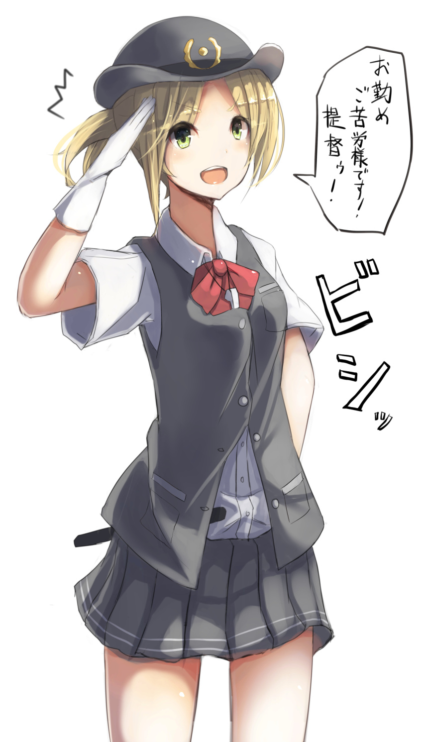 &gt;:o /\/\/\ 1girl :o blonde_hair bowler_hat bowtie cowboy_shot female_service_cap gloves green_eyes hat highres kantai_collection maikaze_(kantai_collection) plan_(planhaplalan) pleated_skirt ponytail salute school_uniform skirt translation_request truncheon vest whistle white_background