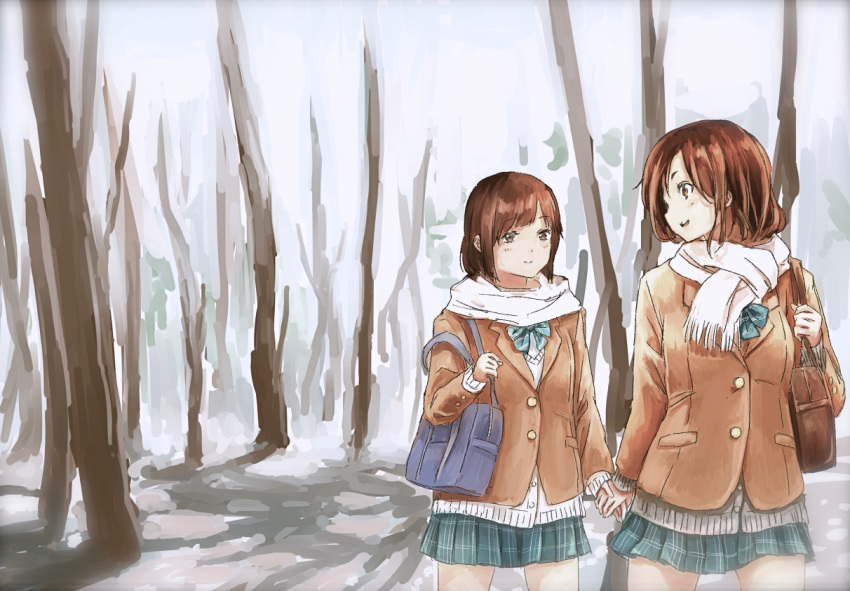 2girls :d bag bow brown_eyes brown_hair buttons handbag holding_hands jacket multiple_girls open_mouth original outdoors scarf skirt smile snow syou_(endemic_species) tree