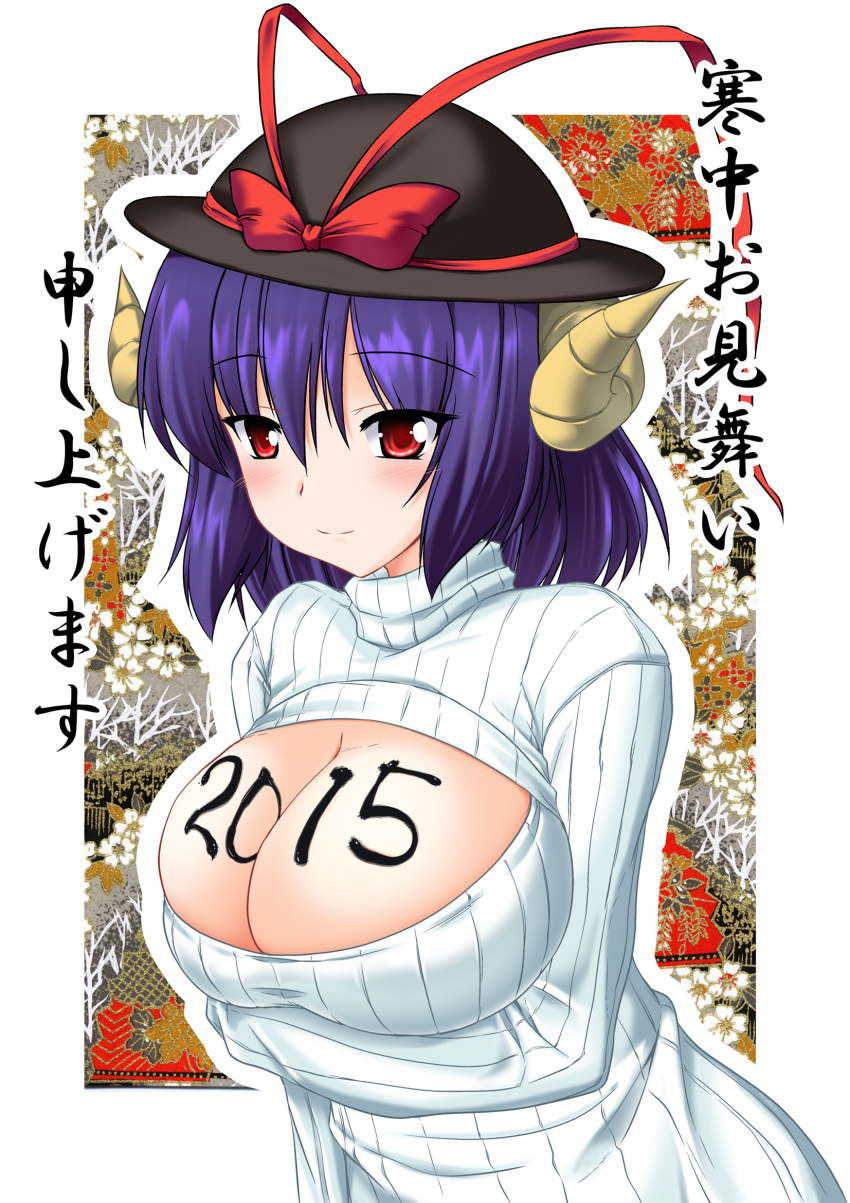 1girl alternate_costume body_writing bow breast_lift breasts cleavage cleavage_cutout crossed_arms gonzaburo happy_new_year hat hat_bow highres horns large_breasts long_sleeves nagae_iku new_year open-chest_sweater purple_hair red_eyes ribbed_sweater sheep_horns smile solo sweater touhou translated turtleneck