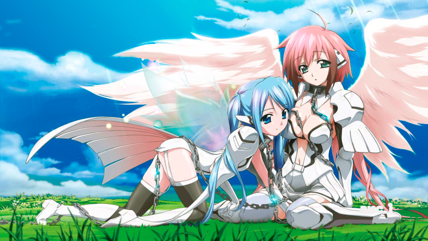 2girls ahoge angel angel_wings blue_eyes blue_hair breasts chain choker cleavage collar gloves gradient_hair green_eyes hair_ribbon head_on_chest highres ikaros large_breasts long_hair looking_at_viewer midriff multicolored_hair multiple_girls navel nymph_(sora_no_otoshimono) open_mouth pink_hair ribbon robot_ears sitting sora_no_otoshimono twintails very_long_hair wariza watanabe_yoshihiro wings