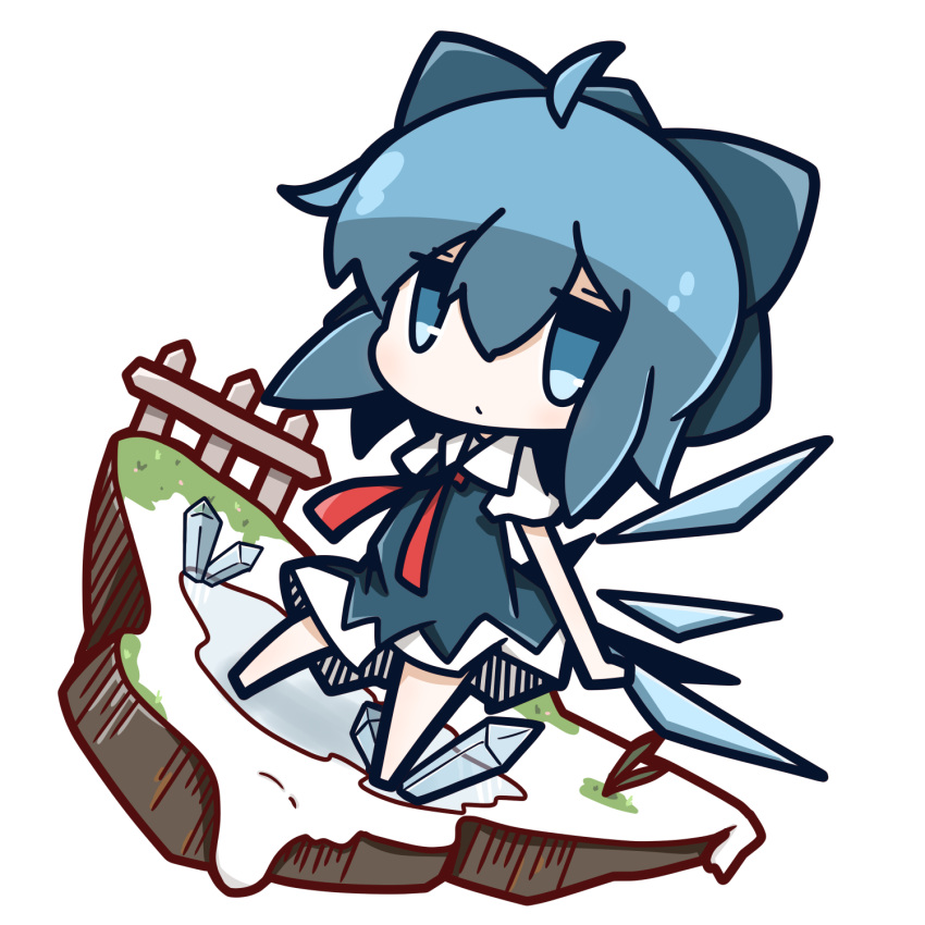 1girl ahoge blue_eyes blue_hair bow chibi cirno hair_bow hair_ribbon highres ice ice_wings looking_at_viewer nuu_(nu-nyu) ribbon short_hair simple_background solo touhou white_background wings