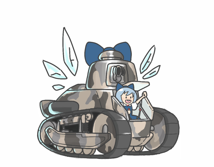 1girl :d blue_eyes blue_hair bow caterpillar_tracks cirno dress hair_bow ice ice_wings kaifriend military military_vehicle open_mouth pun renault_ft ribbon short_hair smile solo tank touhou vehicle wings