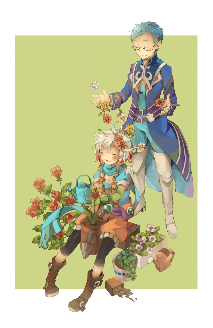 1boy 1girl blue_hair closed_eyes flower glasses highres hubert_ozwell multicolored_hair pascal plant redhead silver_hair smile tales_of_(series) tales_of_graces two-tone_hair vase watering_can yachi_kou