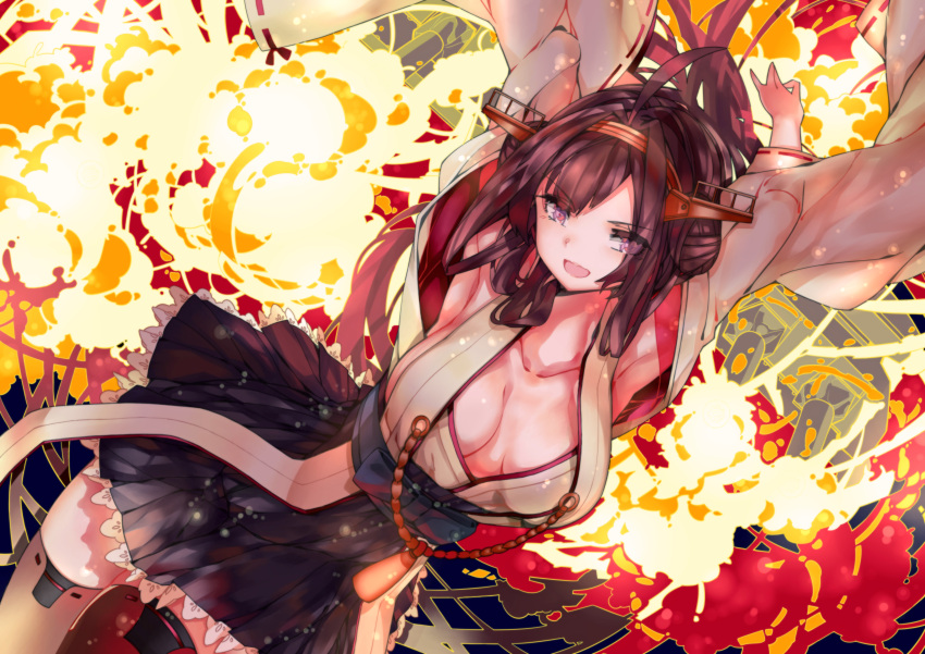 1girl absurdres armpits arms_up black_skirt boots breasts brown_hair cannon cleavage detached_sleeves double_bun explosion eyes_visible_through_hair highres kantai_collection kongou_(kantai_collection) leung_ka_che long_hair miniskirt nontraditional_miko skirt solo thigh-highs thigh_boots violet_eyes