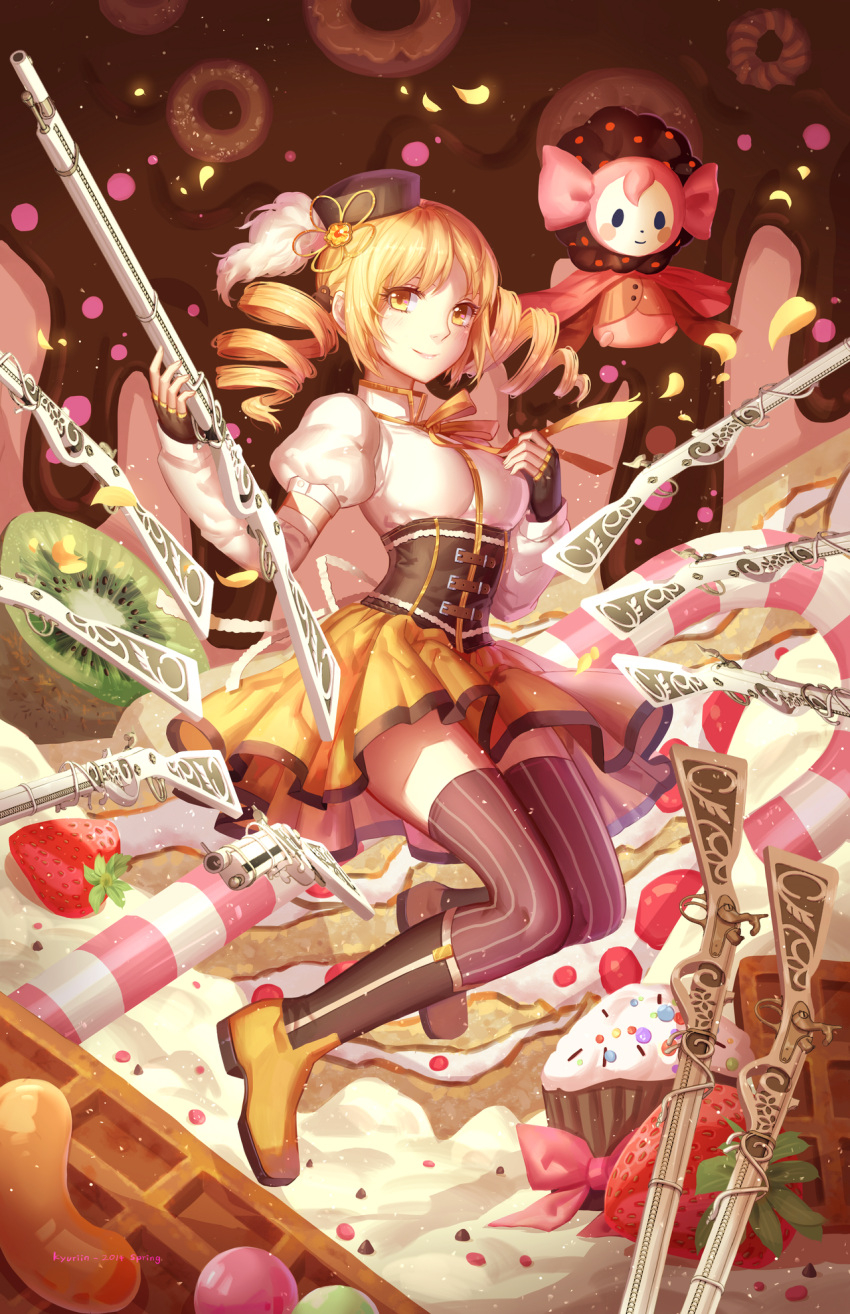 1girl beret blonde_hair boots breasts candy charlotte_(madoka_magica) chocolate corset cupcake detached_sleeves doughnut drill_hair fingerless_gloves food fruit gloves gun hair_ornament hat highres kiwifruit kyurin_(sunnydelight) magical_girl magical_musket mahou_shoujo_madoka_magica pleated_skirt puffy_sleeves ribbon skirt smile strawberry striped striped_legwear taut_clothes taut_shirt thigh-highs tomoe_mami twin_drills weapon yellow_eyes
