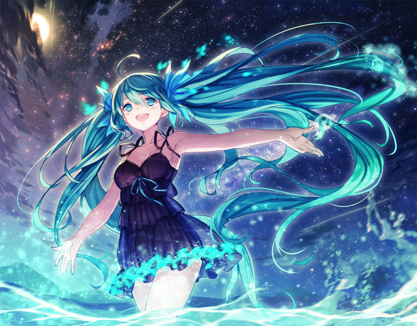 1girl :d ahoge aqua_eyes aqua_hair armpits dress hatsune_miku long_hair night night_sky open_mouth outdoors outstretched_arms sky smile solo spread_arms star_(sky) starry_sky steelleets twintails very_long_hair vocaloid wading water